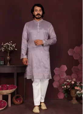 Cotton Silk Kurta Pajama in Lavender and White with Embroidered Work for Men