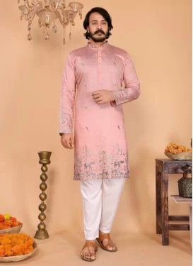Cotton Silk Kurta Pajama in Off White and Salmon with Embroidered Work for Men