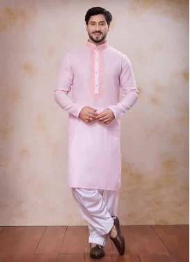 Cotton Silk Kurta Pajama in Pink and White with Embroidered Work for Festival