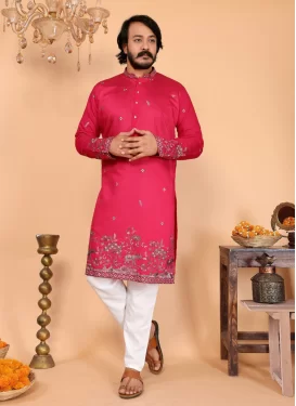 Cotton Silk Kurta Pajama in Rose Pink and White with Embroidered Work for Men