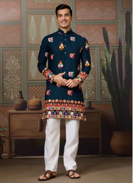 Cotton Silk Kurta Pajama with Embroidered Work for Ceremonial in Teal and White