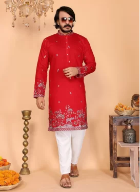 Cotton Silk Kurta Pajama with Embroidered Work for Men in Red and White