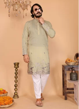 Cotton Silk Kurta Pajama with Embroidered Work in Beige and White