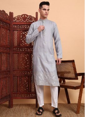 Cotton Silk Kurta Pajama with Embroidered Work in Grey and White