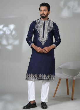 Cotton Silk Kurta Pajama with Embroidered Work in Navy Blue and White