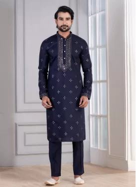 Cotton Silk Kurta Pajama with Embroidered Work in Navy Blue for Festival