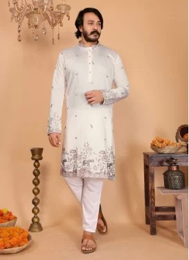 Cotton Silk Kurta Pajama with Embroidered Work in Off White