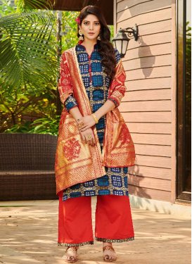 Cotton Silk Navy Blue and Red Woven Work Palazzo Straight Salwar Kameez