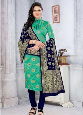 Cotton Silk Navy Blue and Turquoise Woven Work Trendy Churidar Salwar Suit