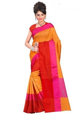 Cotton Silk Orange and Red Print Work Trendy Classic Saree