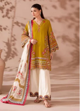 Cotton Silk Palazzo Suit in Mustard and Off White with Embroidered Work for Women