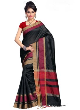 Cotton Silk Print Work Black and Crimson Trendy Classic Saree