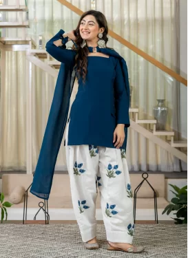 Cotton Silk Punjabi Salwar Suit with Embroidered Work in Navy Blue and Off White