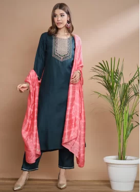 Cotton Silk Readymade Salwar Suit in Teal with Embroidered Work for Women