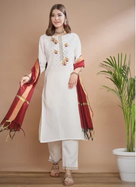 Cotton Silk Readymade Salwar Suit with Embroidered Work in Off White