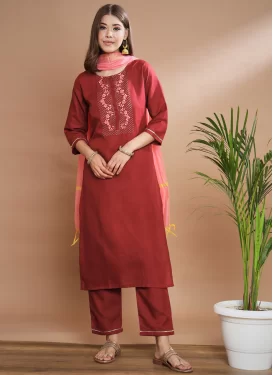 Cotton Silk Readymade Salwar Suit with Embroidered Work in Rust