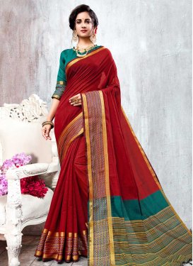 Cotton Silk Red and Teal Contemporary Style Saree