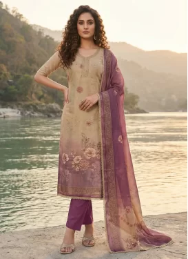 Cotton Silk Straight Suit in Beige and Violet with Cutdana Work for Ceremonial