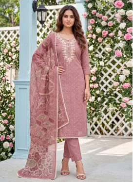 Cotton Silk Straight Suit in Mauve Pink with Embroidered Work for Women