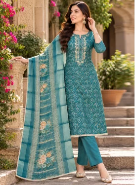 Cotton Silk Straight Suit in Teal with Bandhani Print Work for Women