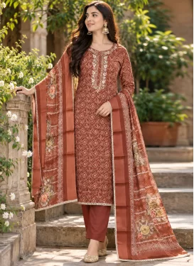 Cotton Silk Straight Suit with Bandhani Print Work for Festival in Rust
