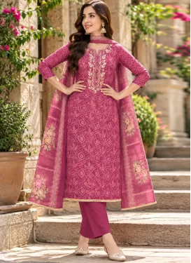 Cotton Silk Straight Suit with Bandhani Print Work in Rose Pink for Ceremonial