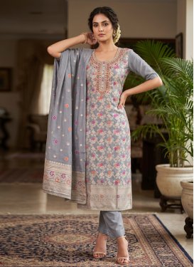 Cotton Silk Straight Suit with Beads Work for Ceremonial in Grey
