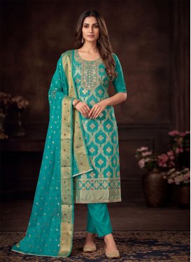 Cotton Silk Straight Suit with Beads Work for Festival in Light Blue
