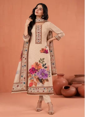 Cotton Silk Straight Suit with Beads Work in Beige for Ceremonial