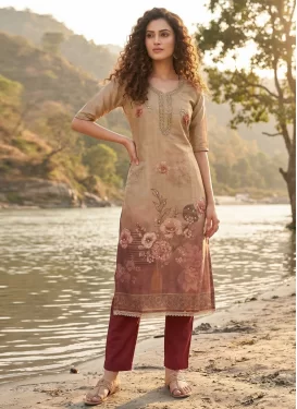Cotton Silk Straight Suit with Cutdana Work in Beige and Rust