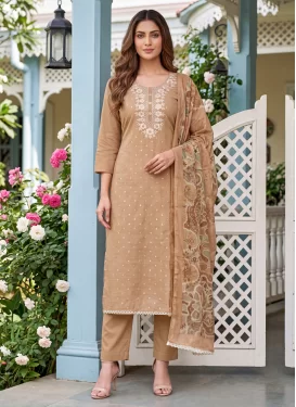 Cotton Silk Straight Suit with Embroidered Work for Ceremonial in Beige