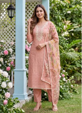 Cotton Silk Straight Suit with Embroidered Work for Ceremonial in Peach