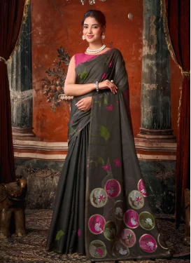 Cotton Silk Traditional Saree in Black with Woven Work for Festival