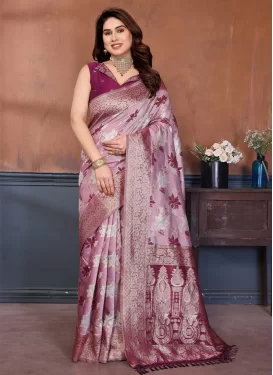 Cotton Silk Traditional Saree in Mauve and Wine with Woven Work for Casual