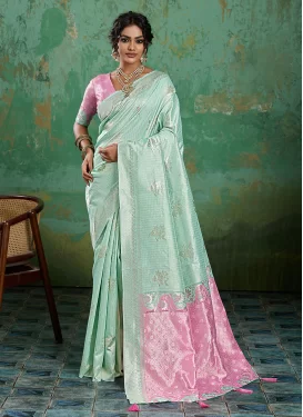 Cotton Silk Traditional Saree in Pink and Turquoise with Woven Work for Women