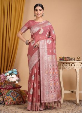 Cotton Silk Traditional Saree in Salmon with Woven Work for Women
