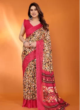 Cotton Silk Traditional Saree with Digital Print Work in Coffee Brown and Rose Pink for Casual