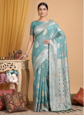 Cotton Silk Traditional Saree with Woven Work for Casual in Turquoise