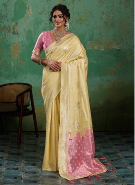 Cotton Silk Traditional Saree with Woven Work for Ceremonial in Pink and Yellow