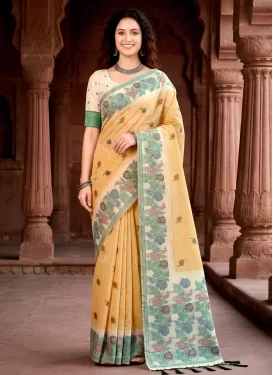 Cotton Silk Traditional Saree with Woven Work in Beige and Gold for Festival