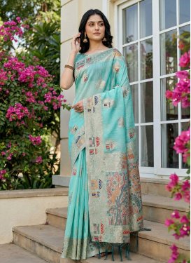 Cotton Silk Traditional Saree with Woven Work in Firozi for Casual