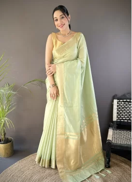 Cotton Silk Traditional Saree with Woven Work in Sea Green for Ceremonial
