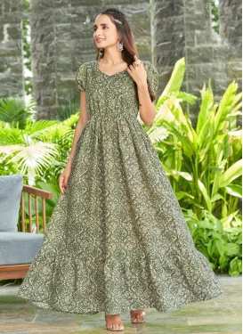 Cotton Silk Trendy Gown with Digital Print Work for Festival in Off White and Olive