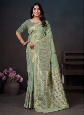 Cotton Silk Trendy Saree in Sea Green with Woven Work for Women