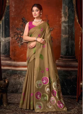 Cotton Silk Trendy Saree with Woven Work for Ceremonial in Brown