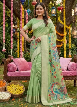 Cotton Silk Trendy Saree with Woven Work in Mint Green