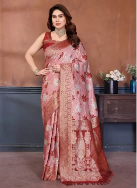 Cotton Silk Trendy Saree with Woven Work in Red and Salmon for Casual