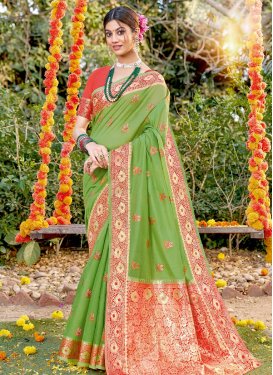 Cotton Silk Woven Work Mint Green and Red Designer Contemporary Style Saree