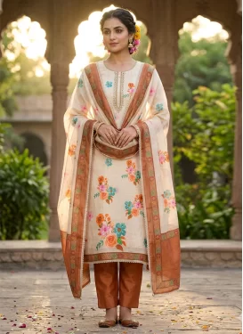 Cotton Straight Suit with Beads Work for Women in Cream and Orange