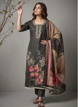 Cotton Straight Suit with Beads Work in Grey